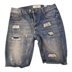 Mens Blue Jean Shorts with Green Paint Jeanius Size 34 Distressed